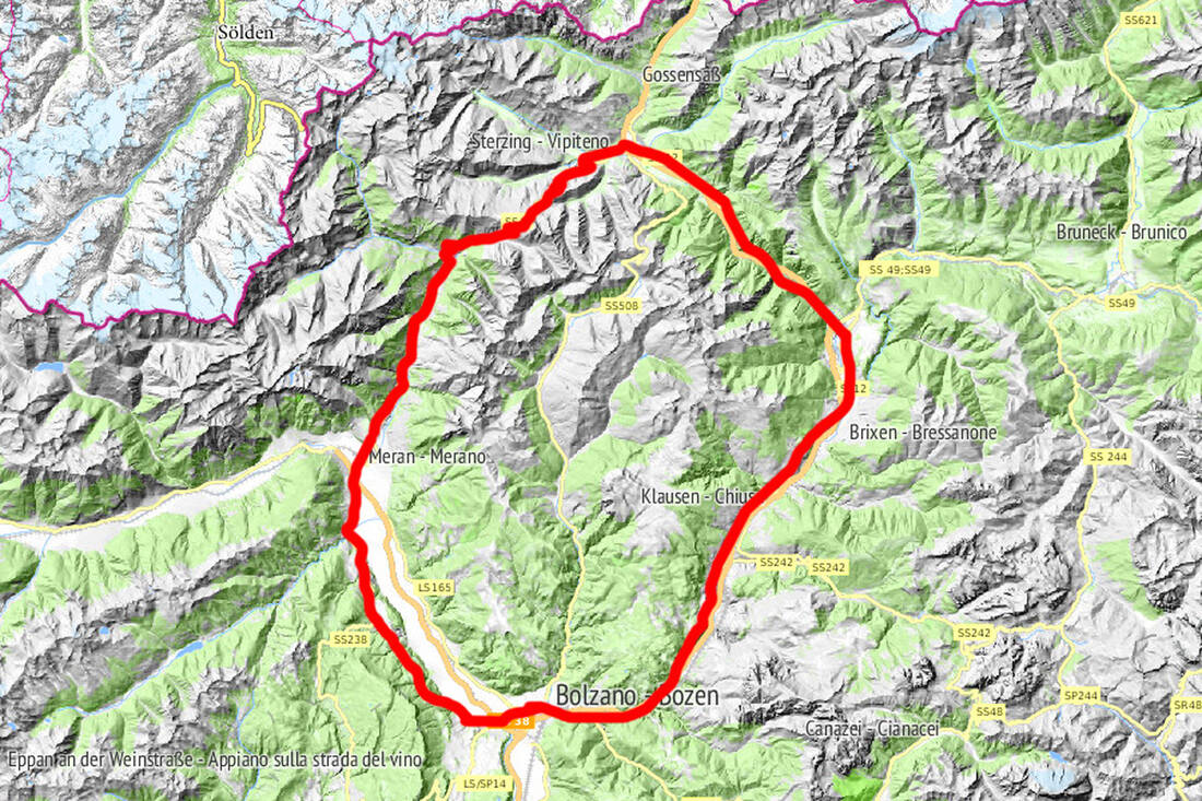 Karte Motorradtour: Einmal um die Sarntaler Alpen