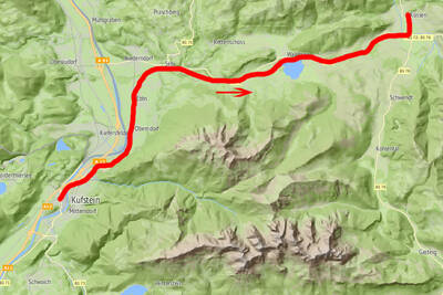 Karte Fahrradtourvon  Kufstein nach Kössen
